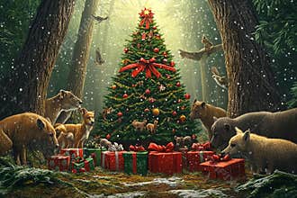 Magic of Christmas in a forest surrounded by joyful animals and gifts