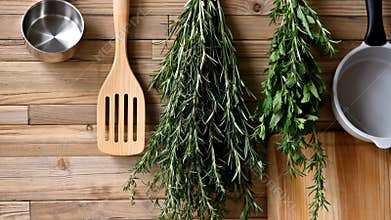 AI Herbs utensils on wood surface