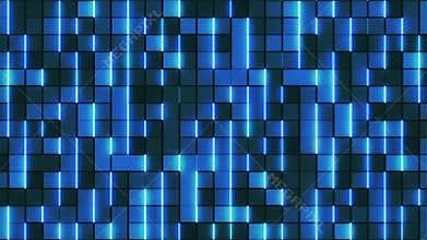 Small blue square shapes glow with light edges.