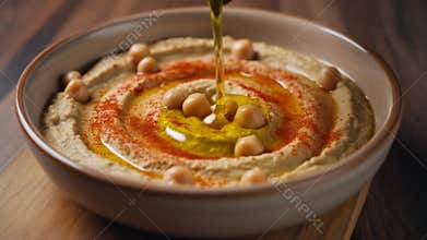 Olive Oil Drizzled on Fresh Hummus with Paprika & Chickpeas