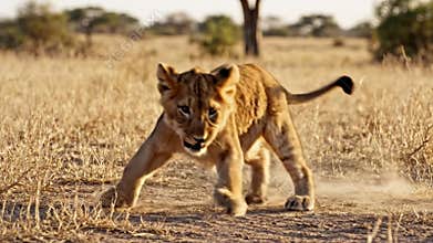Young Lion Cub Crouching Playfully on Dry Savannah Ground During Golden Hour Safari Adventure in Africa