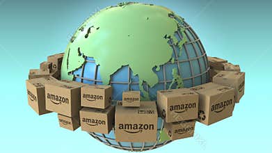 Many cartons with AMAZON logo around the world, Asia emphasized. Conceptual editorial loopable 3D animation