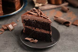 Plate with slice of tasty homemade chocolate cake