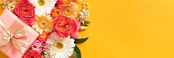 Happy Mother`s Day, Women`s Day, Valentine`s Day or Birthday Living Coral and Yellow Banner. Floral flat lay greeting card.