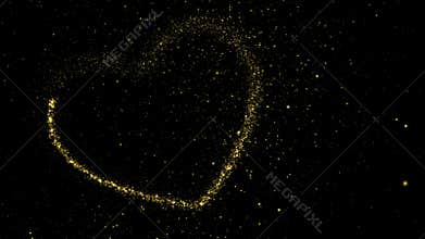 Valentines day heart from shining gold particles formed on a holiday animated black background.Abstract holiday valentines day bac