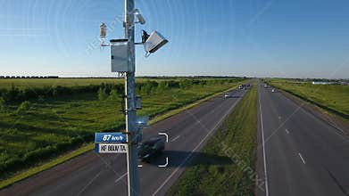 Traffic speed radar tracking control illustration with infographic automobile car automatic speed detection and send