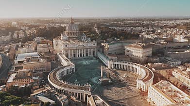 Establishing aerial shot of Vatican City. Crowded St. Peter`s Square