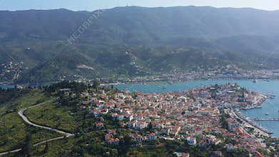 Aerial video view of Poros Greece. Sunny day in Greek island.