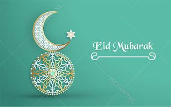 Template for Eid Mubarak with green and gold color tone. 3D Vector illustration in paper cut and craft  for islamic greeting card