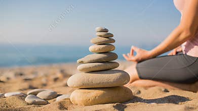 Woman practicing yoga on the beach. Balance ang relax. Zen. Selective focus