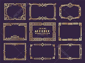 Art deco borders. 1920s golden frames, nouveau fancy decorative elements for vintage posters. Vector art deco ornament