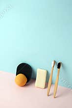 Zero waste natural cosmetics products on modern trendy 3d rendering imitation background, creative eco-friendly idea