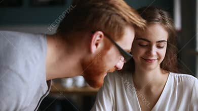 Millennial guy get acquainted talking to pretty girl in cafe