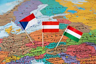 Austria, Czech Republic, Hungary flag pins, Central Europe map