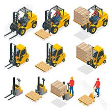 Isometric vector forklift truck isolated on white. Storage equipment icon set. Forklifts in various combinations