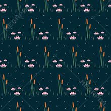 Water lilies with bulrush trendy seamless pattern on dark blue background.