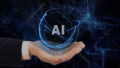 Painted hand shows concept hologram AI on his hand