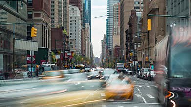 Manhattan, New York City, USA car traffic timelapse crossroad movement, driving fast
