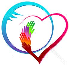 Hands with heart health care medical teamwork vector design.