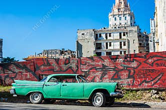 Cuban street view with Aqua Car