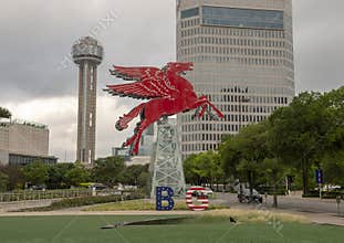 The original red Pegasus horse, restored and placed on a rotating oil derrick, Dallas, Texas
