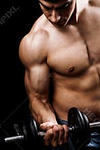 Powerful muscular man lifting weights