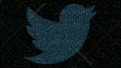 Twitter logo made of flashing hexadecimal symbols on computer screen. Editorial 3D rendering
