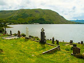Cemetery Graveyard over looking lake Connemara, Galway, Ireland