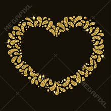 Vector festive gold heart frame. Ornament of glittering drops. For carnival, fest, theme of love, couple, valintines day