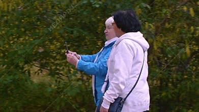 Happy active seniors walking and photographing on phone in autumn park
