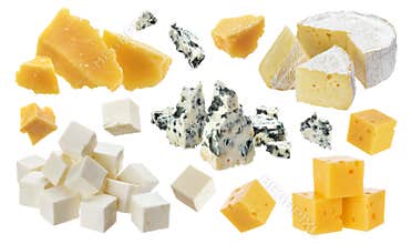 Different pieces of cheese. Cheddar, parmesan, emmental, blu cheese, camembert, feta isolated on white background