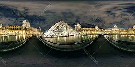 360 degree full panorama of Louvre museum at night, Paris