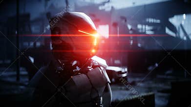 Military robot in destroyed city. Future apocalypse concept. Realistic 4k animation.