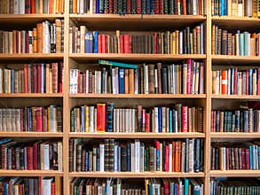 Image of wooden book shelf with books
