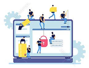 Hackers steal information. Cyber criminals hack personal data from computer. Web security and hacker internet activity