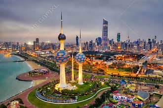 Kuwait Tower City Skyline glowing at night, taken in Kuwait in December 2018 taken in hdr