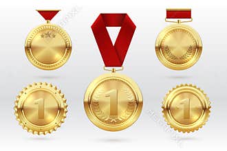 Gold medal. Number 1 golden medals with red award ribbons. First placement winner trophy prize. Vector set