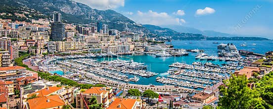 Panoramic view of Monte Carlo harbor in Monaco.