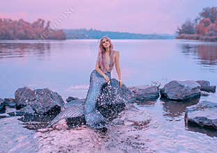 Fairytale sea queen with pink long hair, jellyfish sitting on stones, dreamily looks at purple sky, mermaid splashes