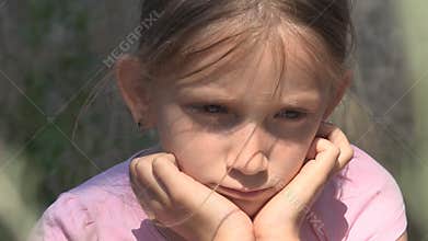 Sad child abandoned in ruins, unhappy stray girl, depressed poor kid, homeless