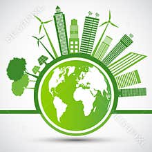 Ecology and Environmental Concept,Earth Symbol With Green Leaves Around Cities Help The World With Eco-Friendly Ideas,Vector