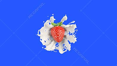 Strawberry Falls into the Milk Splash on a Blue Screen