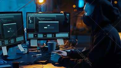 Hacker using computer for cyber attack at night