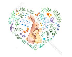 Heart for Mothers day - mother rabbit embrace her child. Watercolor card with animals, flowers, birds