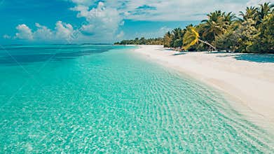 Perfect tranquil beach scene, soft sunlight and white sand and blue endless sea as tropical landscape