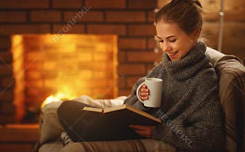 Young woman reading a book by the fireplace on a winter evenin