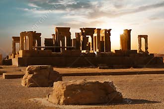 Sunrise in Persepolis, capital of the ancient Achaemenid kingdom. Ancient columns. Sight of Iran. Ancient Persia.