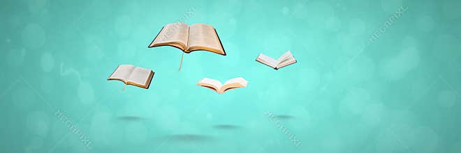 Flying books on blue background