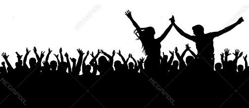 Fans dance concert, disco. Cheerful crowd silhouette. Party people, applaud. Young couple at a party.