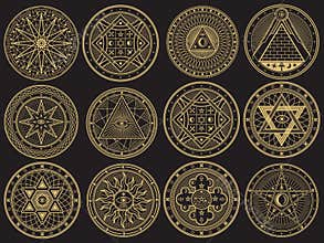 Golden mystery, witchcraft, occult, alchemy, mystical esoteric symbols